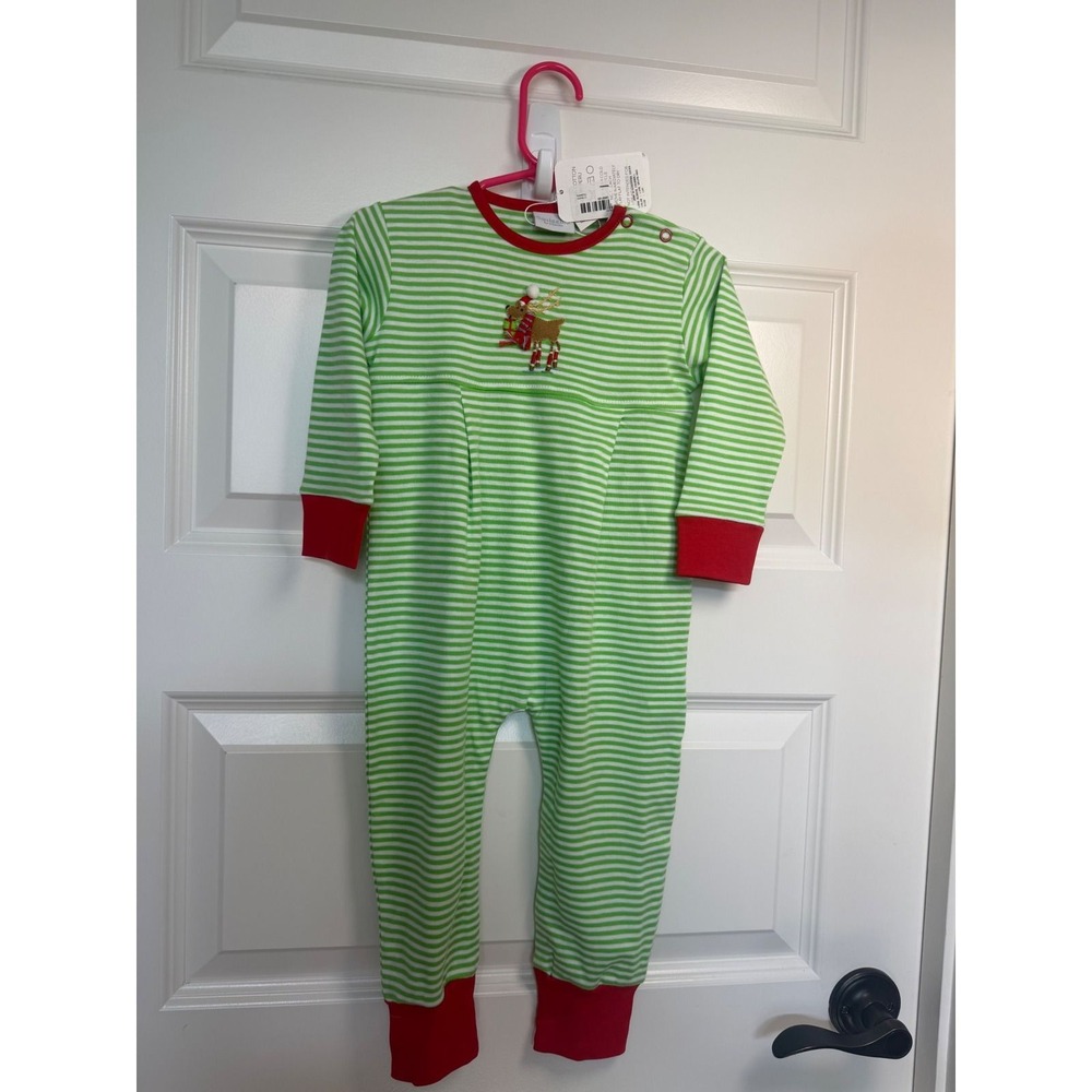 25.Squiggles by Charlie Christmas Reindeer Pima Cotton Striped Romper Green 12M